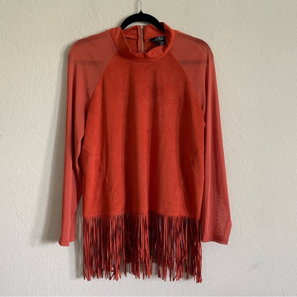 Midnight Velvet woman fringe orange top size XL sheer sleeve chic western